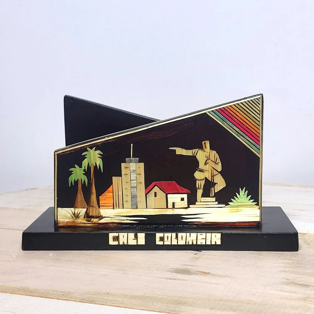 Vintage Cali Colombia Straw Art Napkin Holder Handmade Wood Marquetry Souvenir